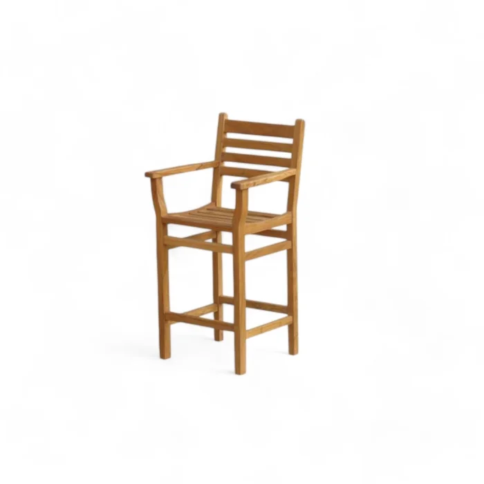 Teak wood bar stool with slatted seat and back, suitable for indoor and outdoor use