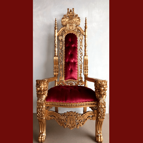 Elegant Lion Head Carved King Throne Chair with Gold Leaves Finishing