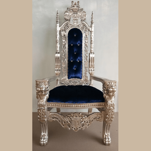 Elegant Lion Head Carved King Throne Chair with Silver Leaves Finishing