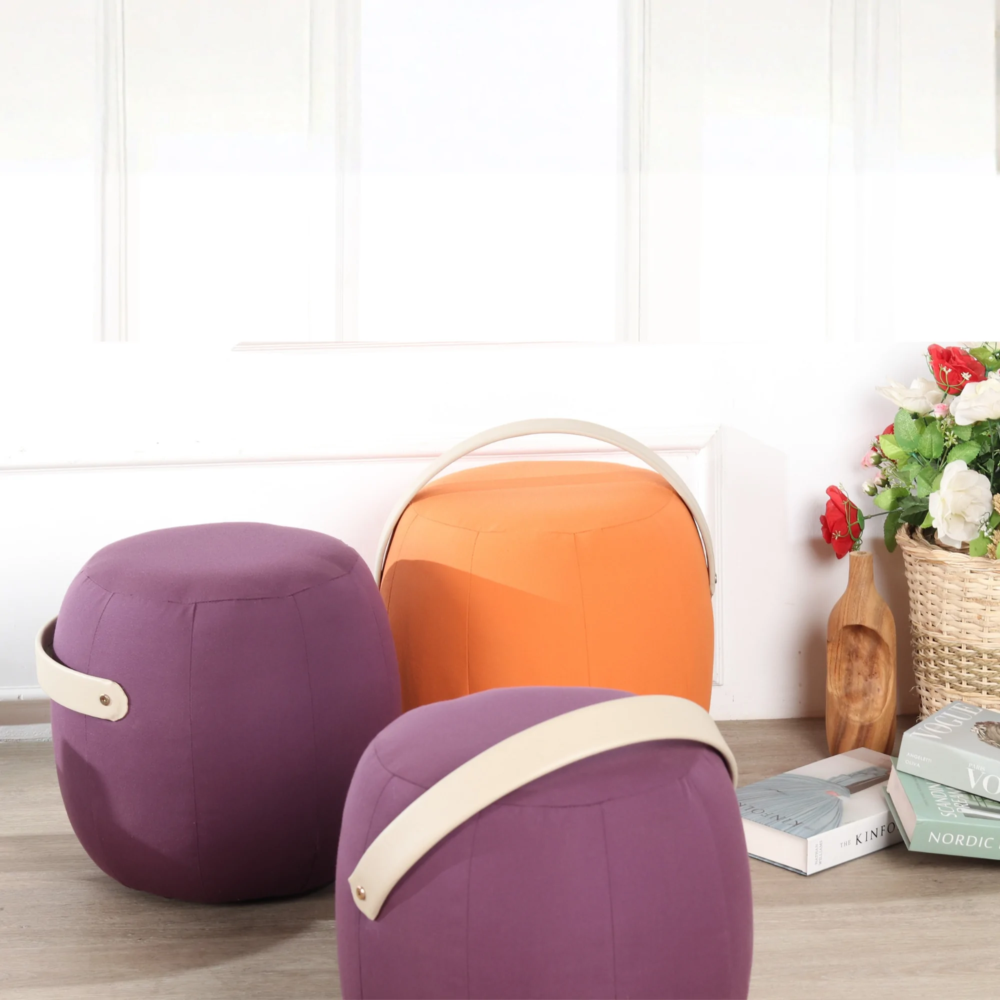Rounded Fabric Pouf Ottoman – Scandinavian Comfy Stool with Handle 29