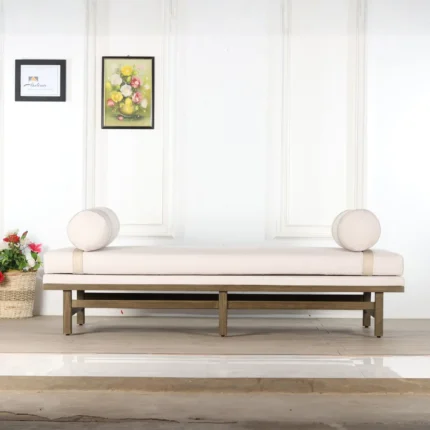 Winslow Woven Backless Bench – Mid-Century Teak Frame with Bolster Pillows