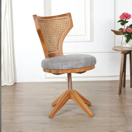 Adjustable Swivel Office Chair – Rattan Backrest with Grey Upholstered Cushion
