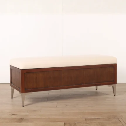 Wood Mid-Century Storage Bench – Beige Cushion Seating with Hidden Storage